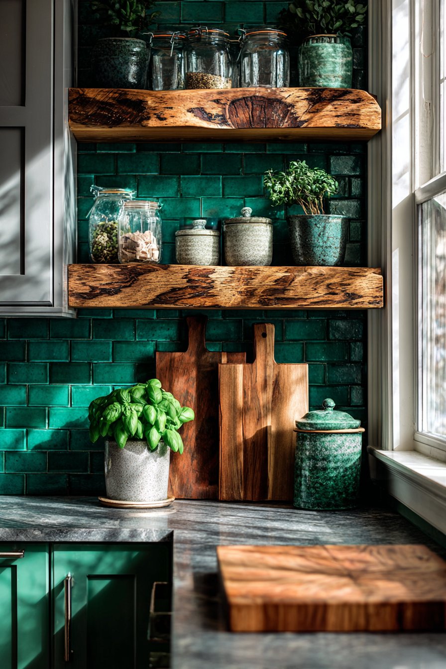 Emerald Green and Walnut Open Shelving Display