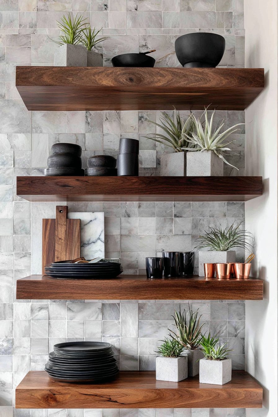 Contemporary Sophistication with Dark Walnut Floating Shelves