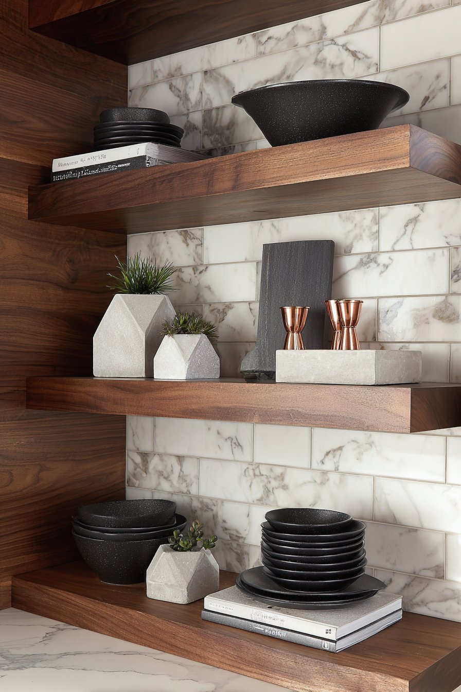 Contemporary Sophistication with Dark Walnut Floating Shelves
