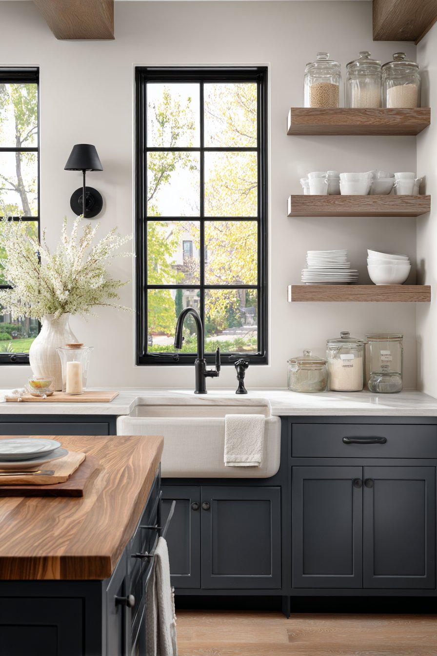 Open Shelving Balance with Mixed Storage Solutions