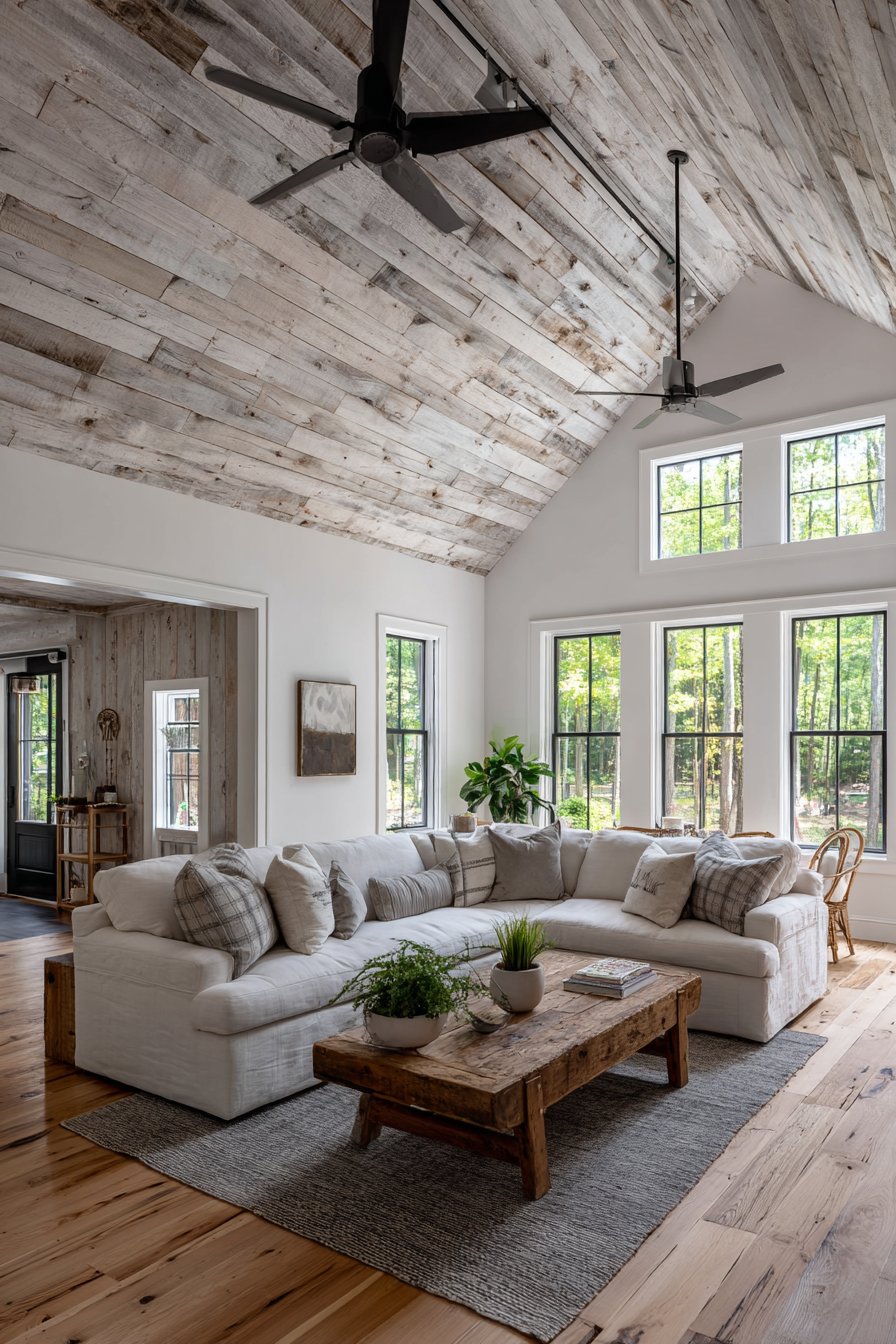 Farmhouse-Modern Living Room with Vintage-Style Track Lighting