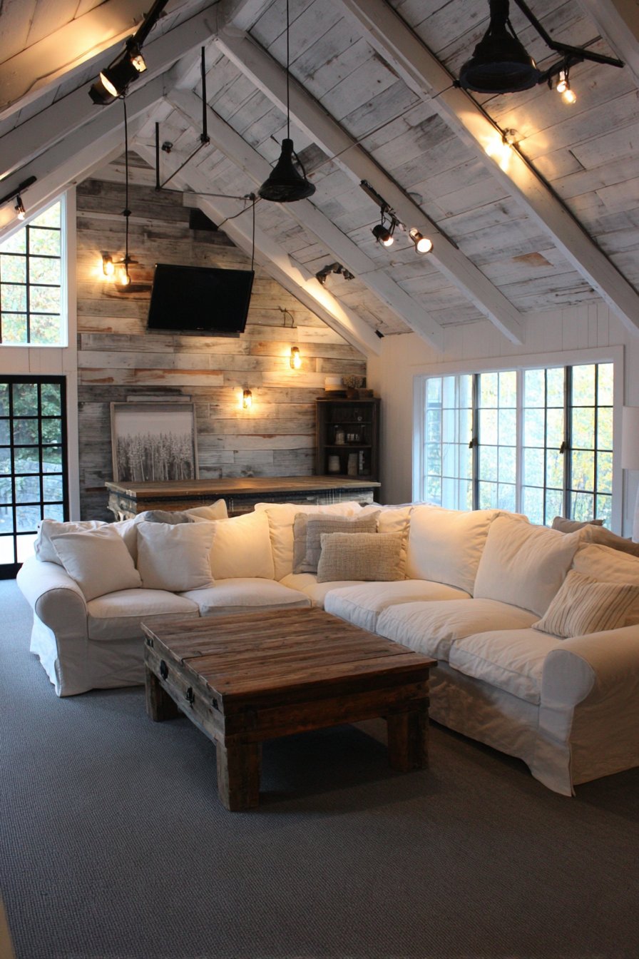 Farmhouse-Modern Living Room with Vintage-Style Track Lighting