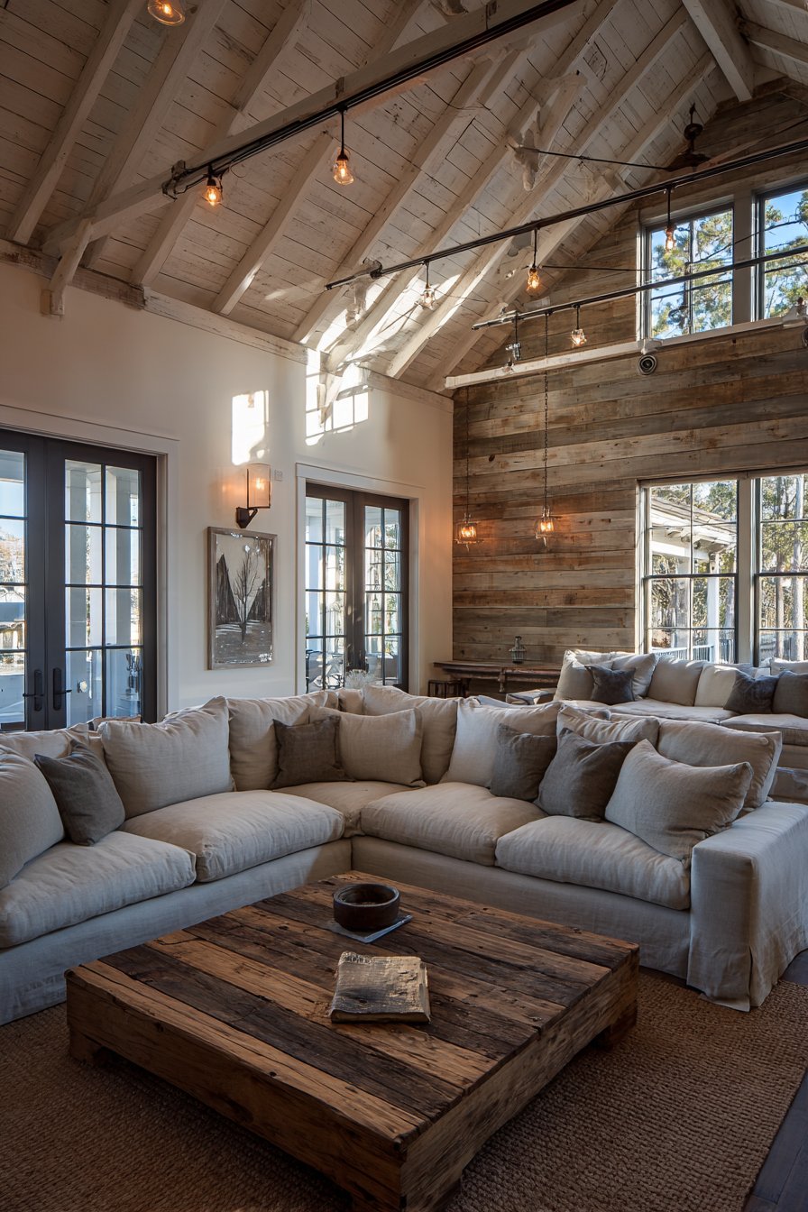 Farmhouse-Modern Living Room with Vintage-Style Track Lighting