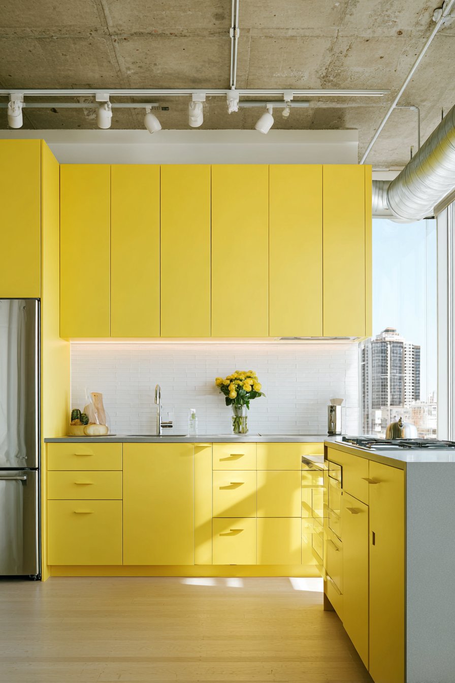 Contemporary Kitchen with Vibrant Sunflower Yellow Cabinets