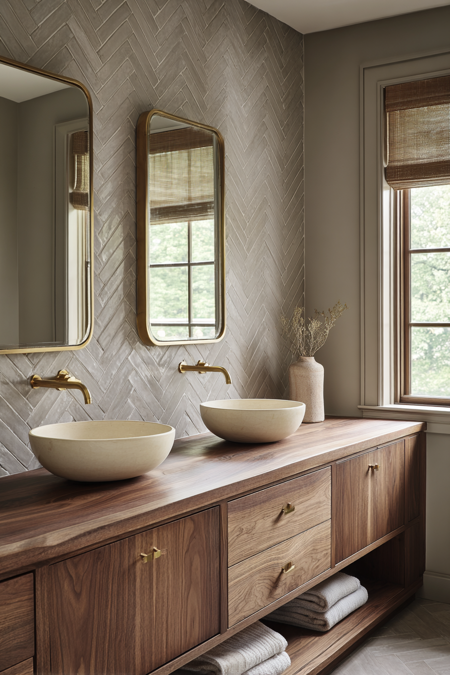 Live-Edge Walnut Dual Vanity with Herringbone Details