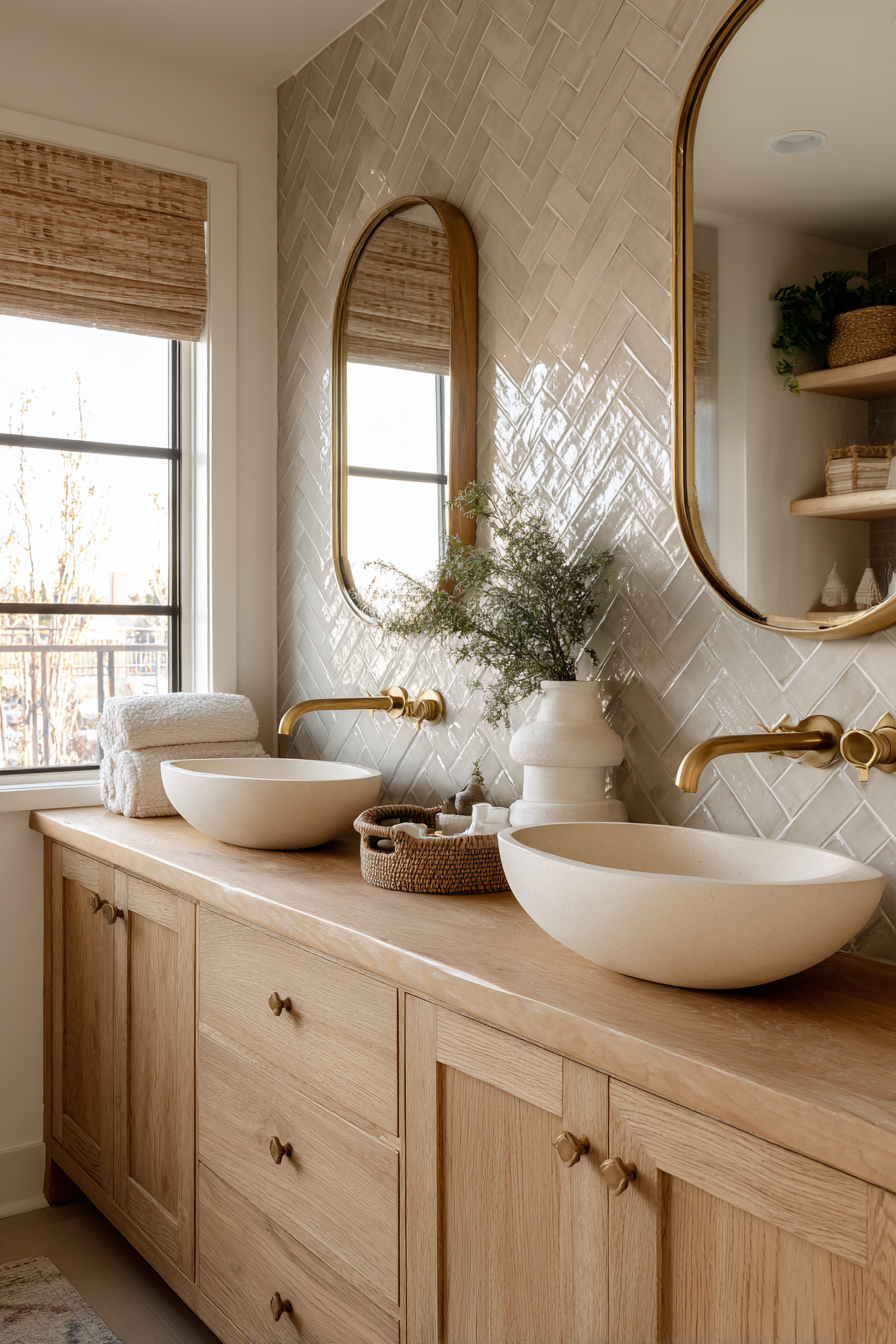 Live-Edge Walnut Dual Vanity with Herringbone Details