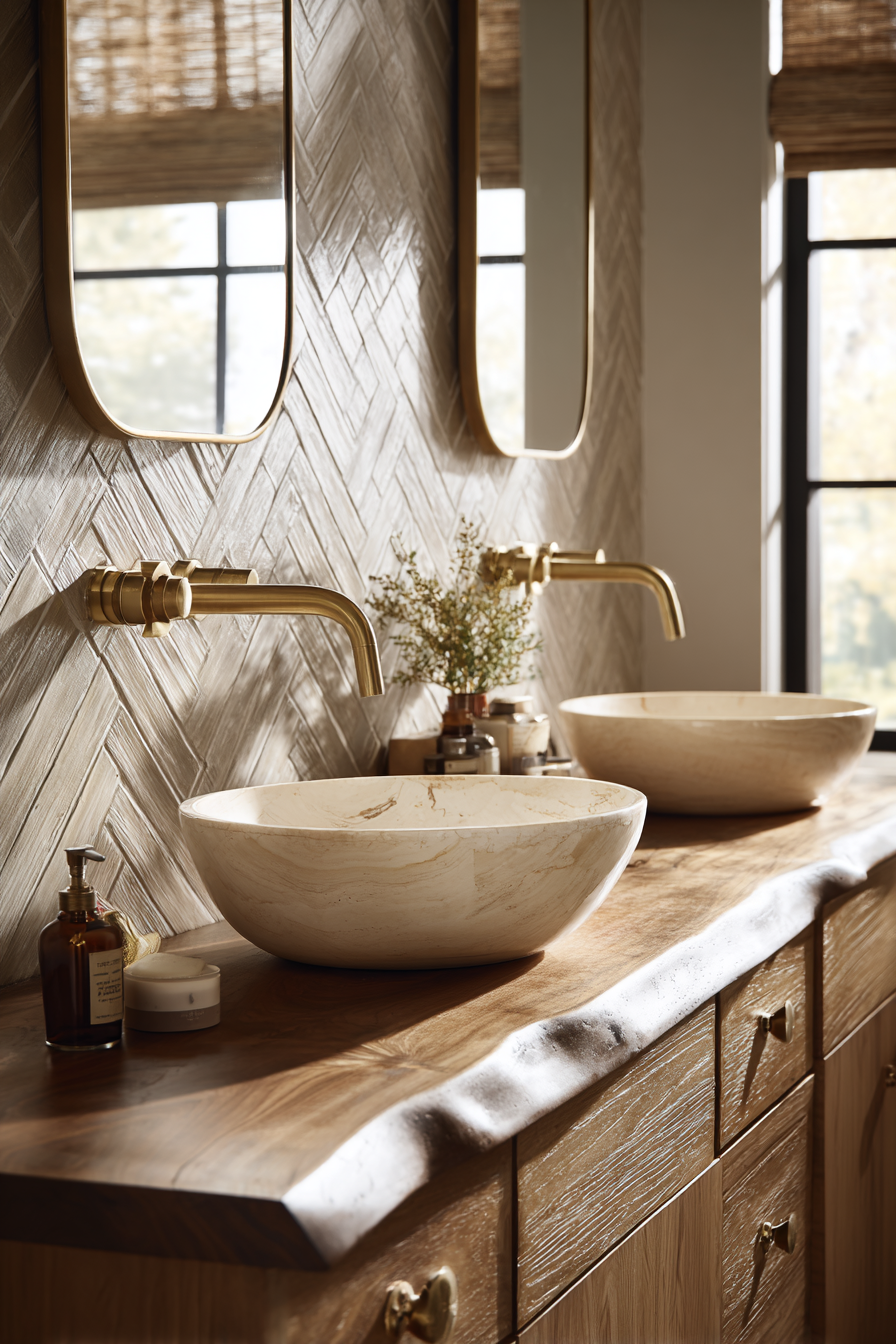 Live-Edge Walnut Dual Vanity with Herringbone Details
