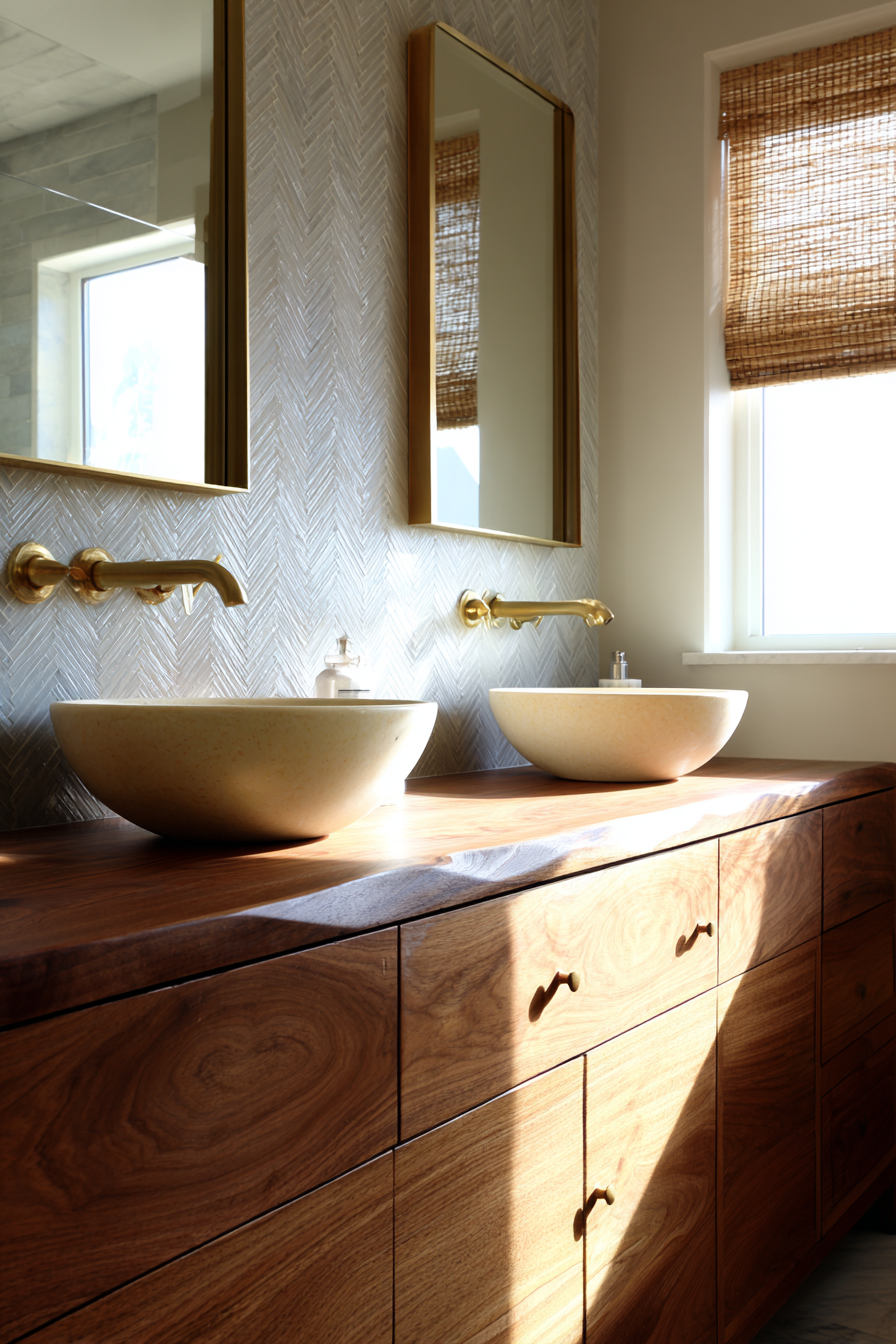 Live-Edge Walnut Dual Vanity with Herringbone Details