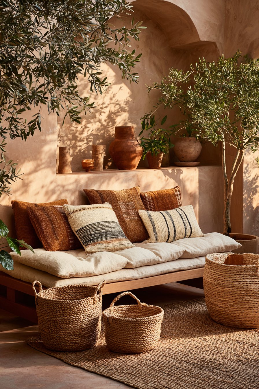 Terracotta Accent Wall with Natural Fiber Elements