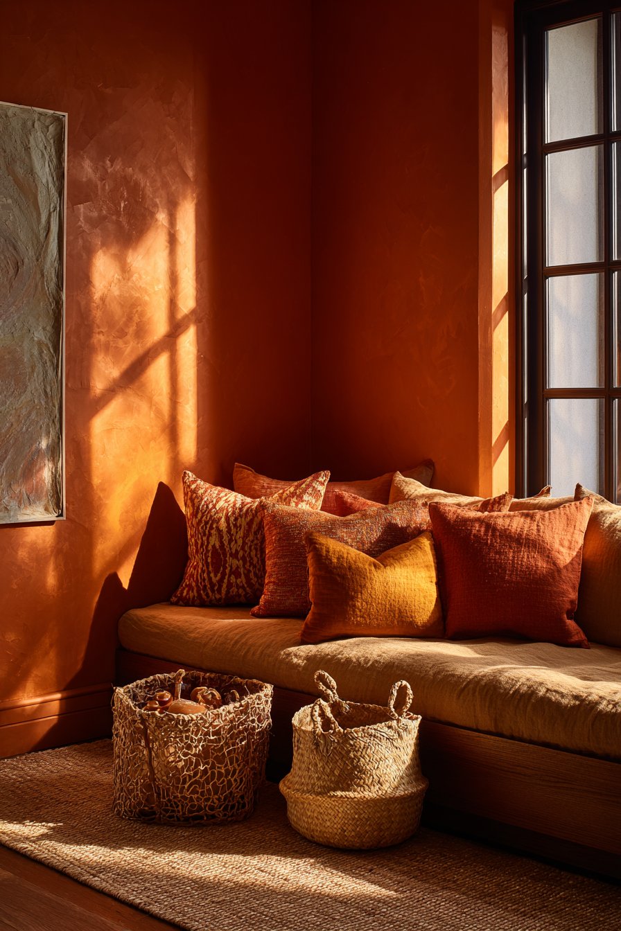 Terracotta Accent Wall with Natural Fiber Elements