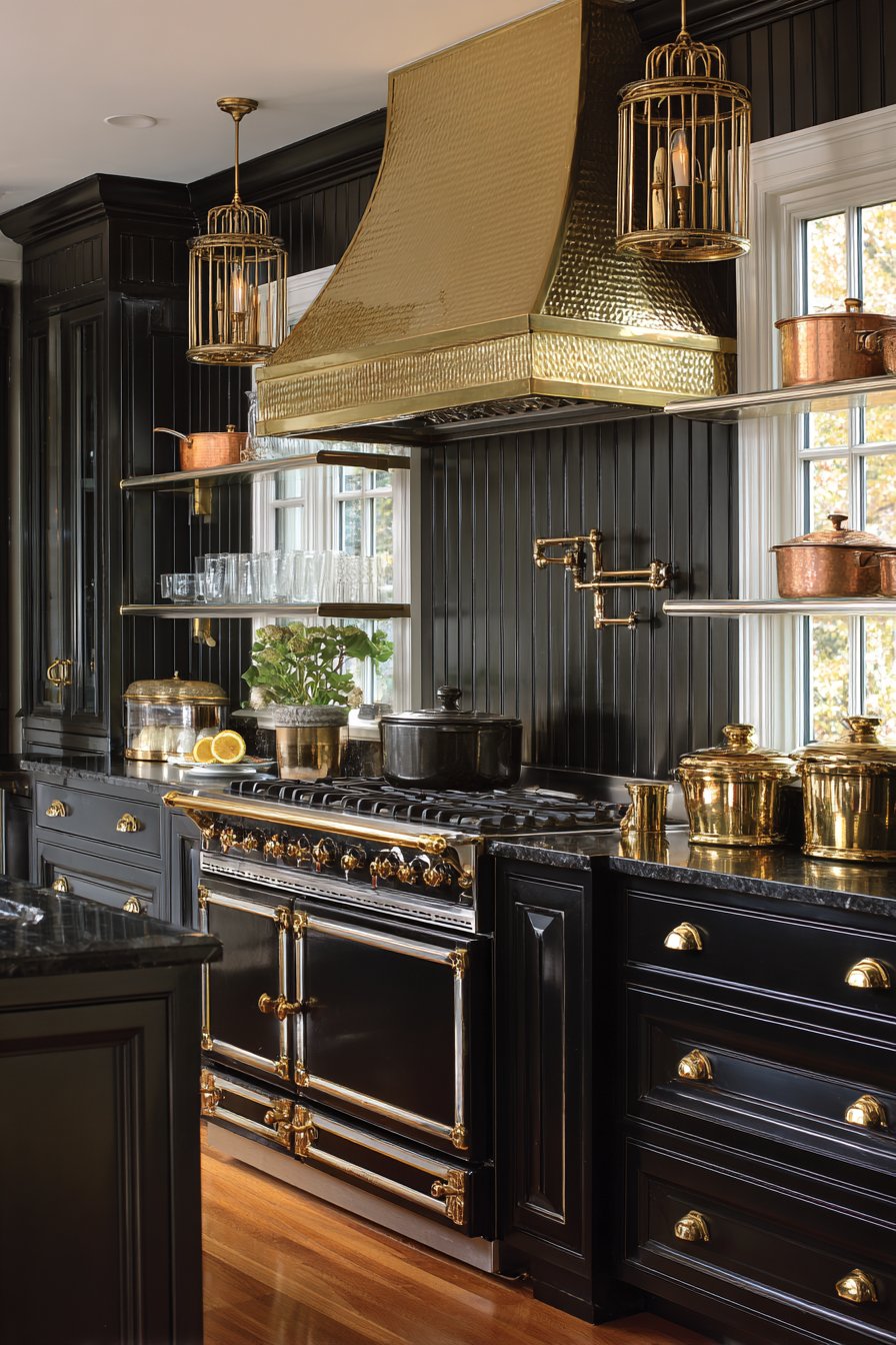 Stunning Range Wall with Black Shiplap and Gold Hood