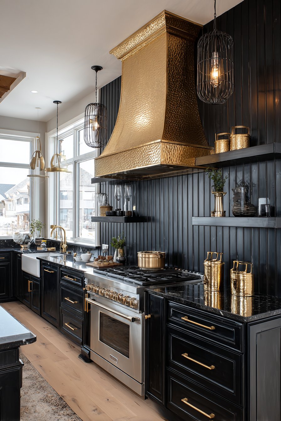 Stunning Range Wall with Black Shiplap and Gold Hood