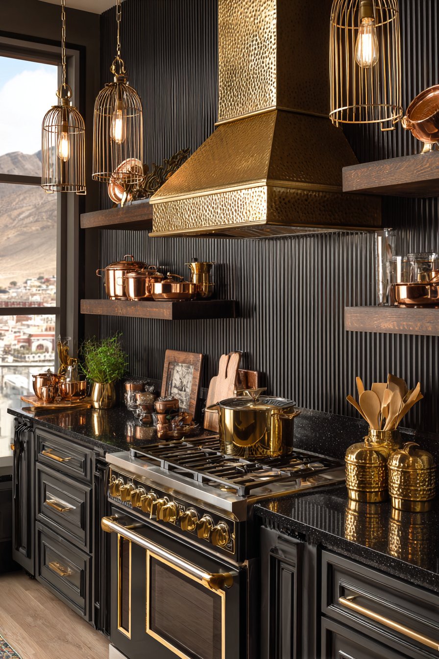 Stunning Range Wall with Black Shiplap and Gold Hood