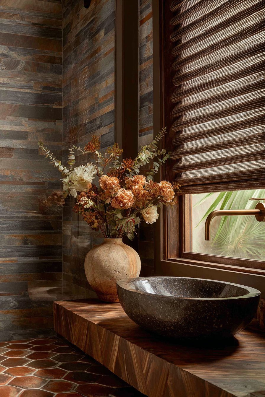 Terracotta Hexagonal Tiles with Stacked Stone Shower