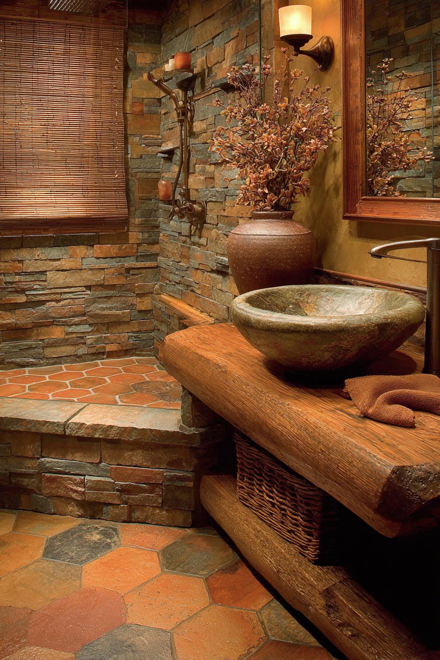 Terracotta Hexagonal Tiles with Stacked Stone Shower