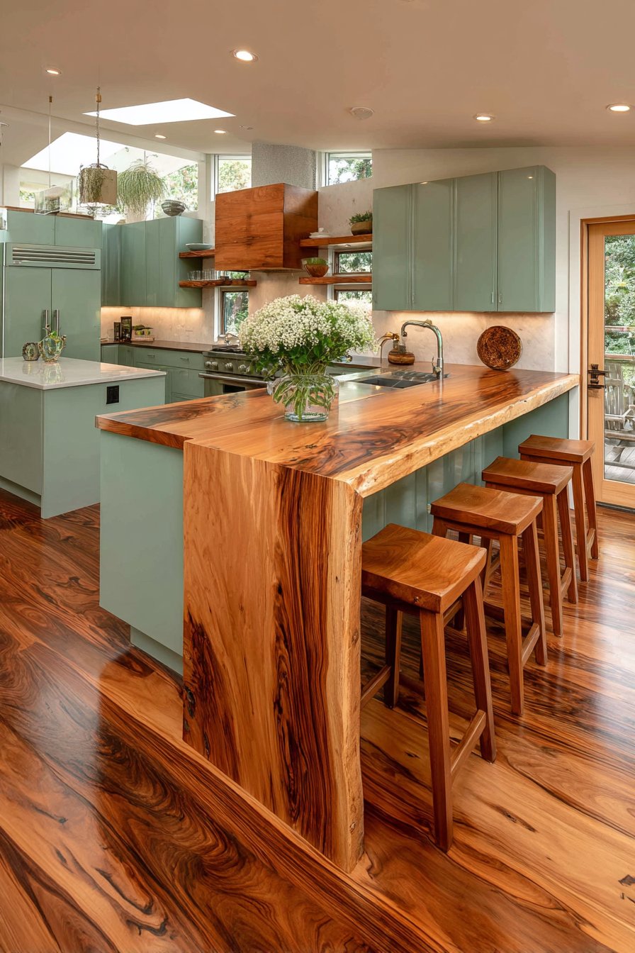 Sea Foam Green Peninsula with Butcher Block Waterfall