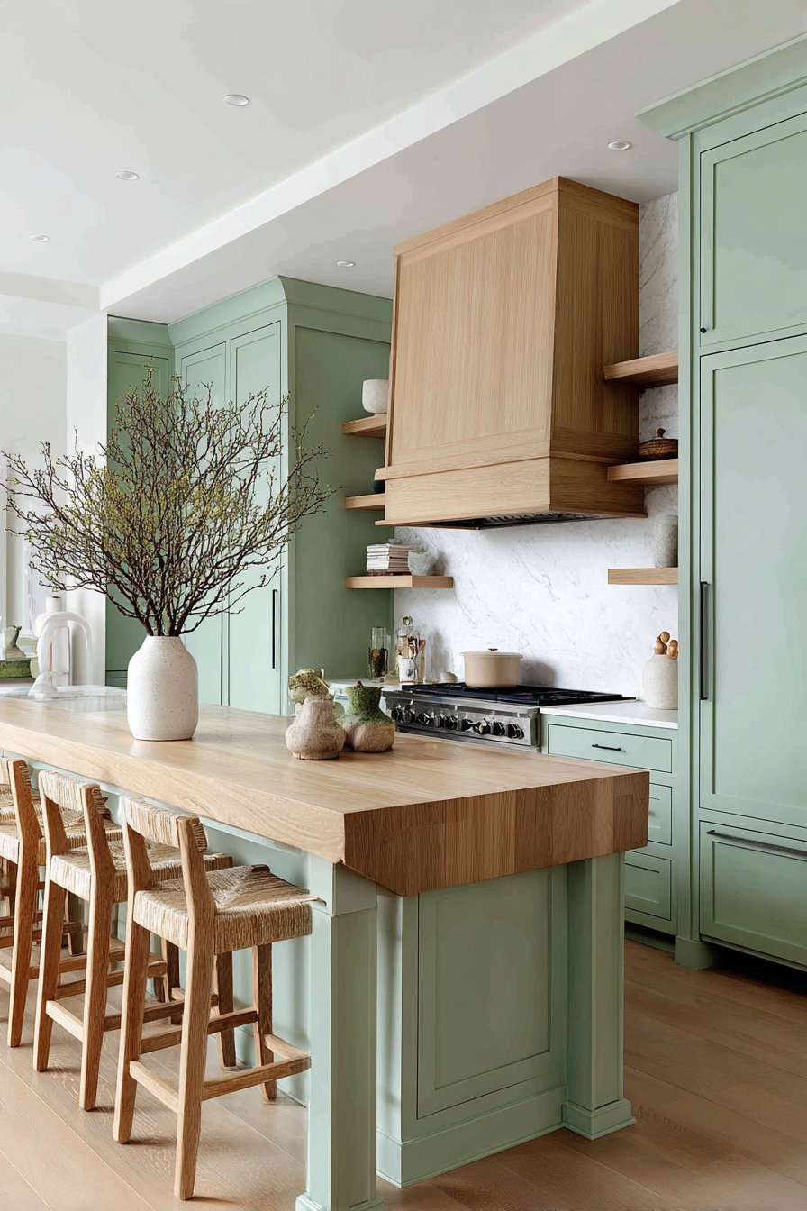 Sea Foam Green Peninsula with Butcher Block Waterfall