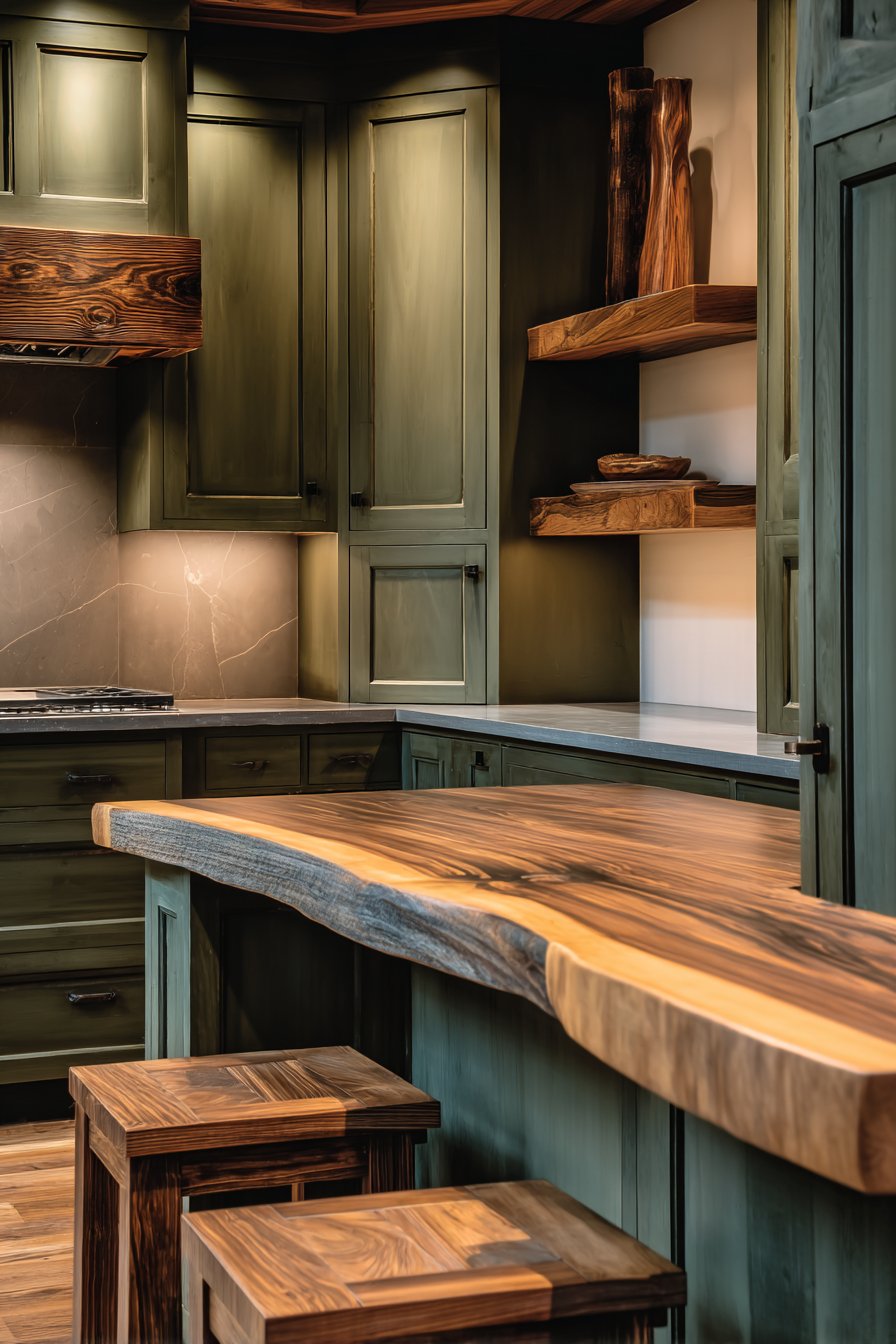 Sea Foam Green Peninsula with Butcher Block Waterfall