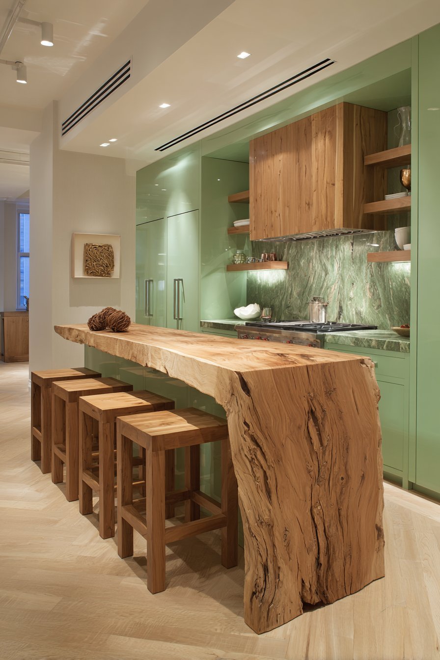 Sea Foam Green Peninsula with Butcher Block Waterfall