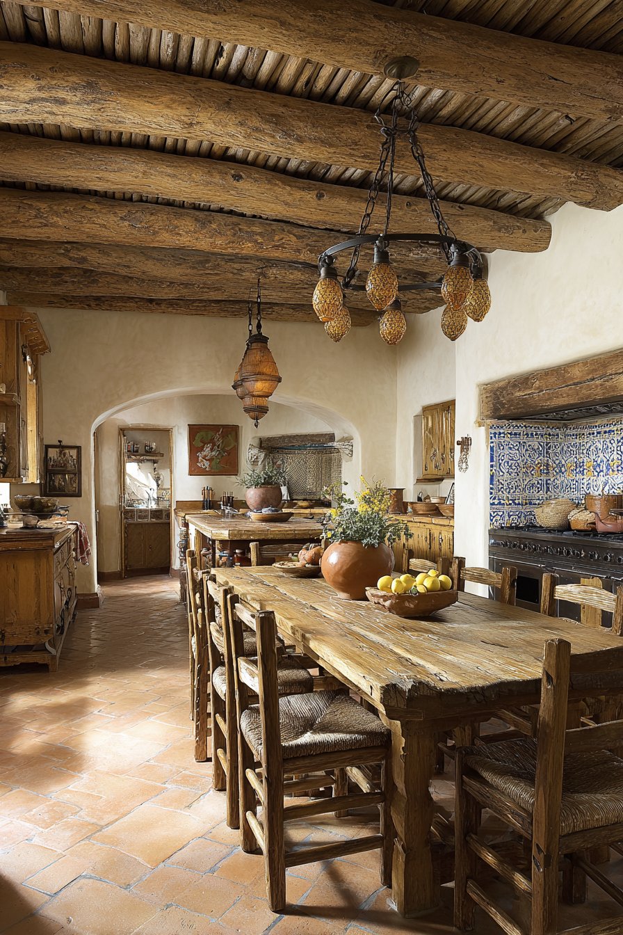 Farmhouse Dining Integration with Wrought Iron Chandelier