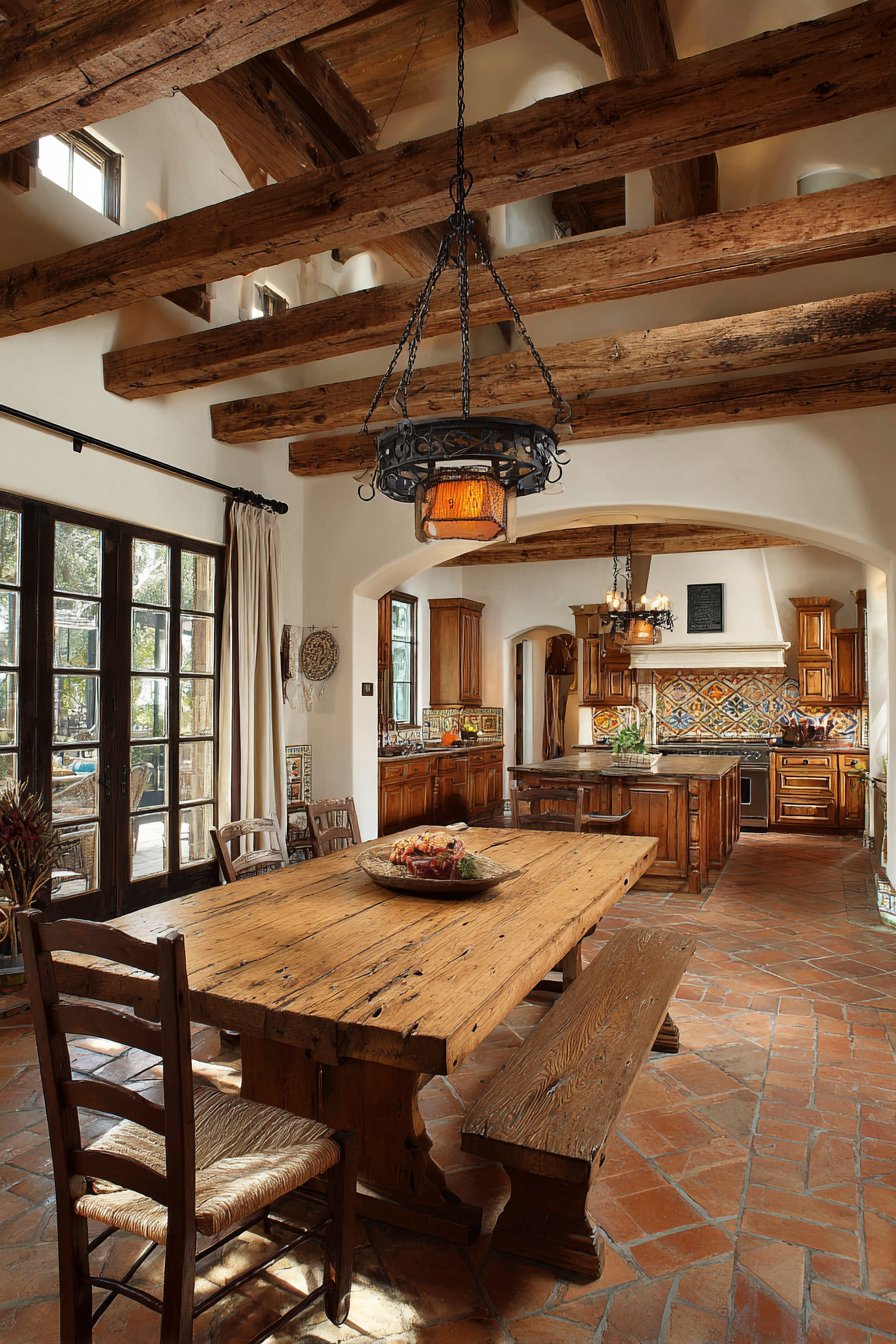Farmhouse Dining Integration with Wrought Iron Chandelier