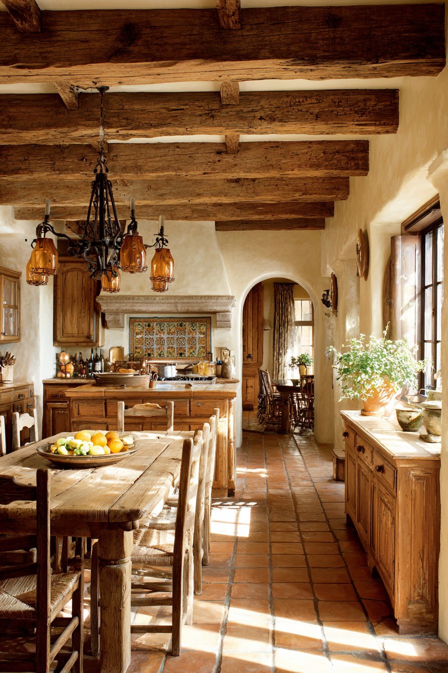 Farmhouse Dining Integration with Wrought Iron Chandelier