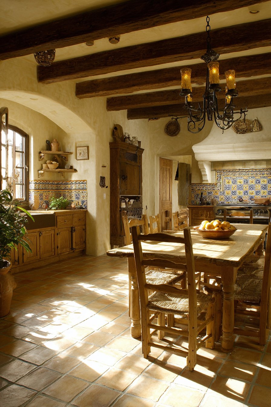 Farmhouse Dining Integration with Wrought Iron Chandelier