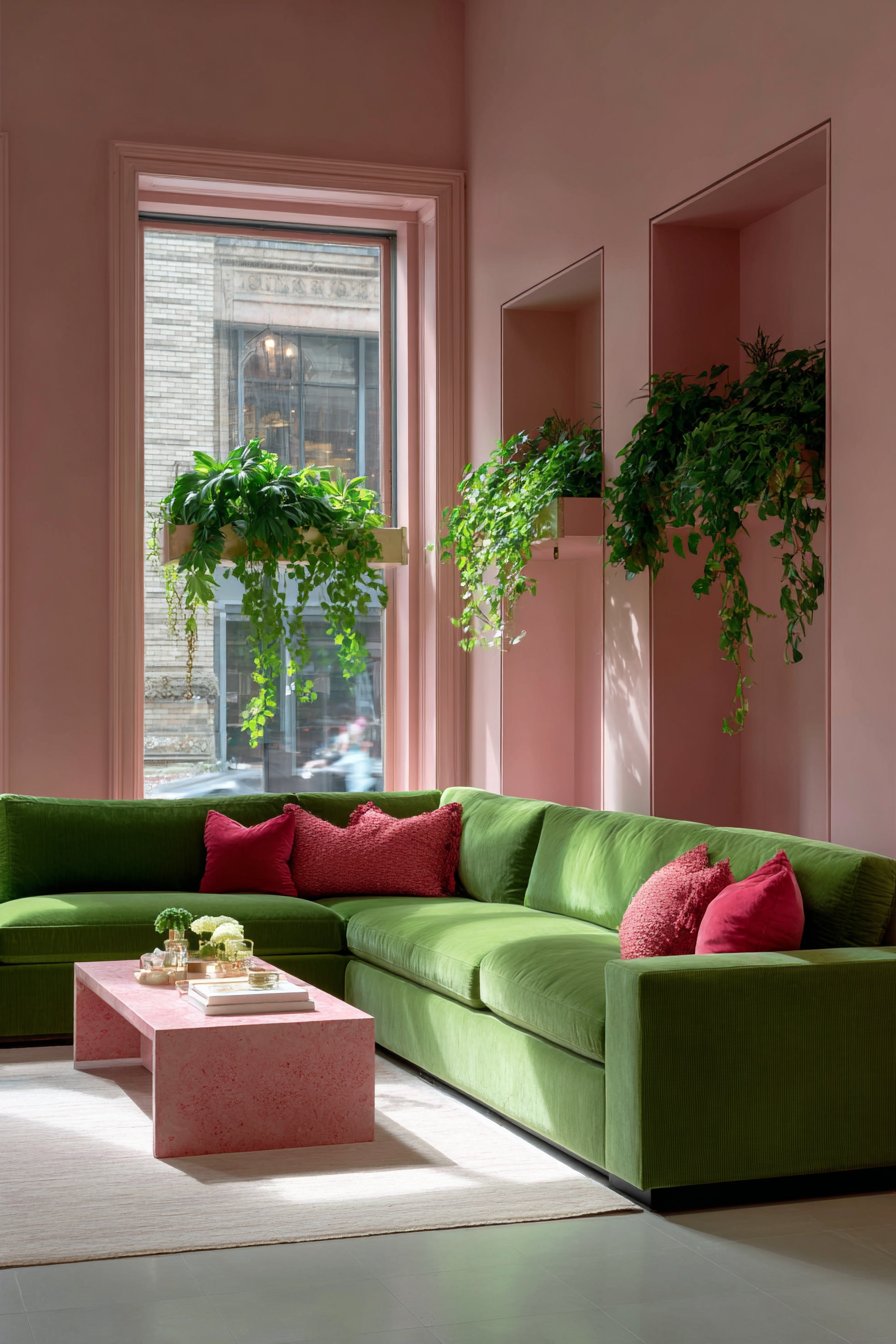 Kelly Green Bold Statement with Pink Travertine Elegance