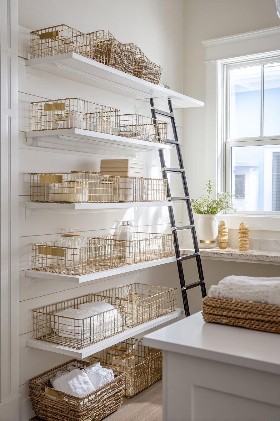 Organized Pantry with Gold Wire Baskets