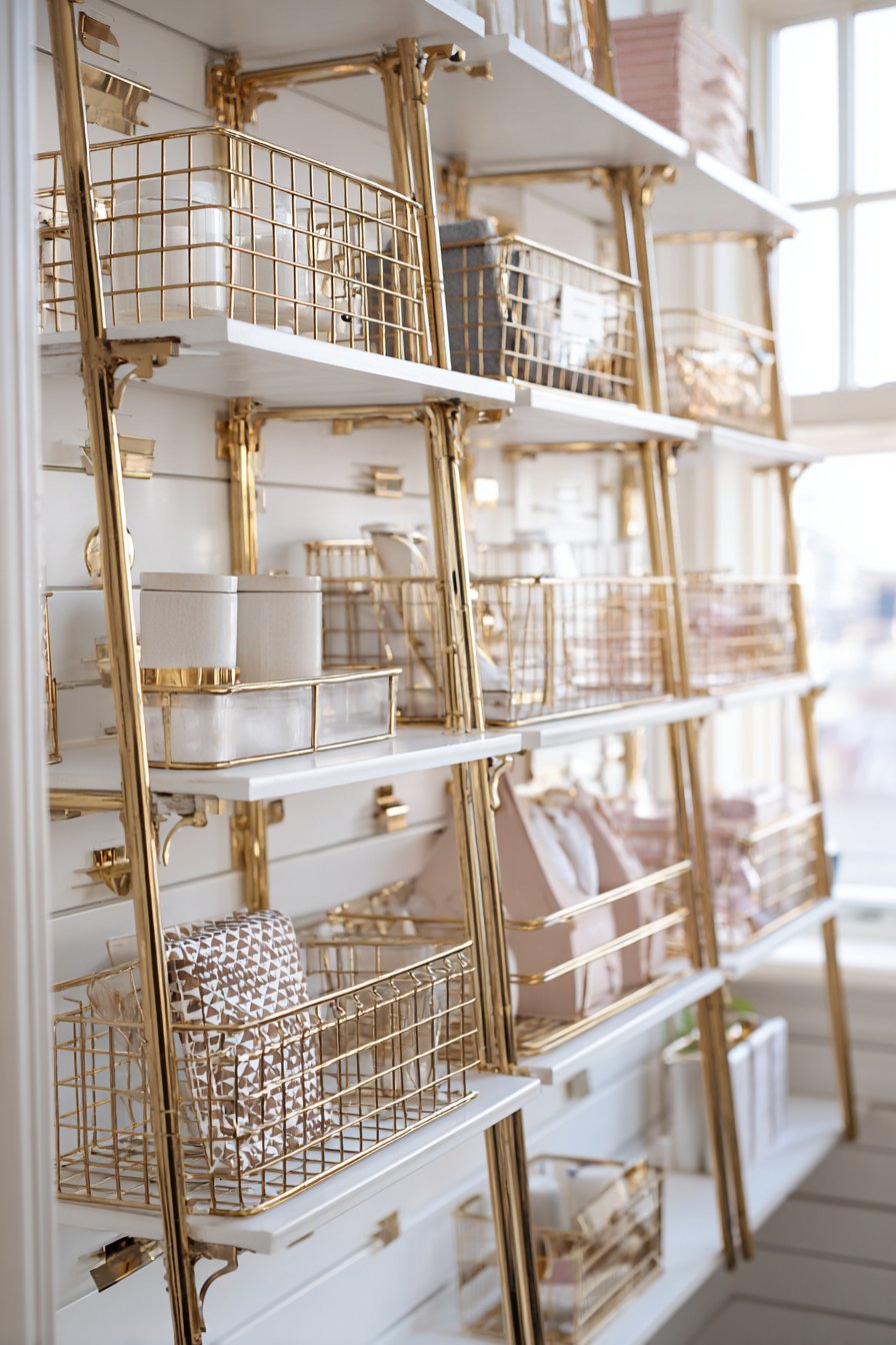 Organized Pantry with Gold Wire Baskets