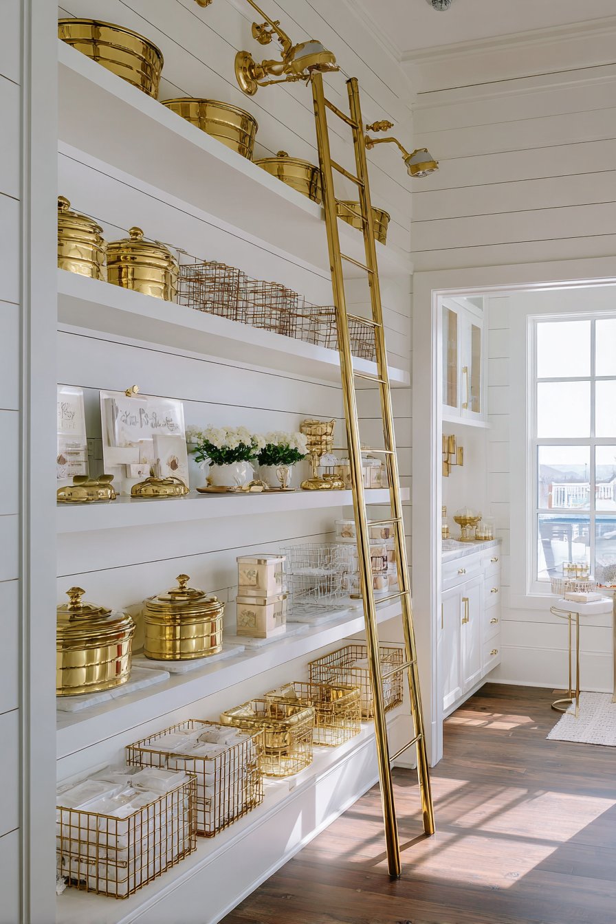 Organized Pantry with Gold Wire Baskets