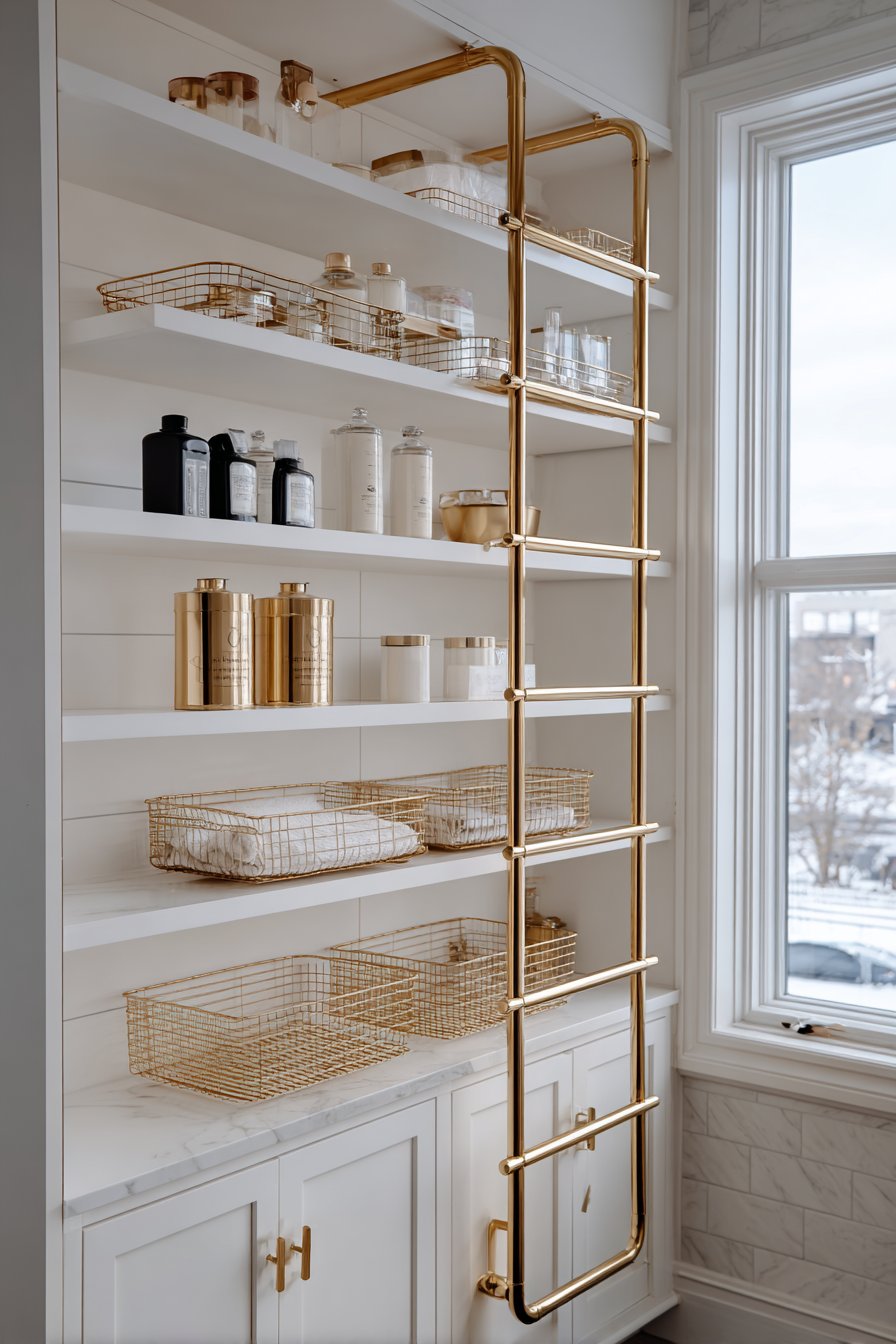 Organized Pantry with Gold Wire Baskets