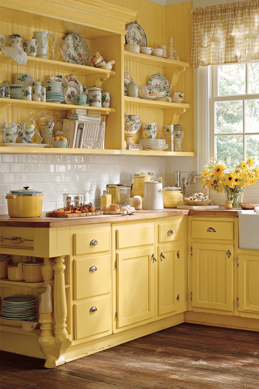 Cottage-Style Kitchen with Soft Daffodil Yellow Cabinets