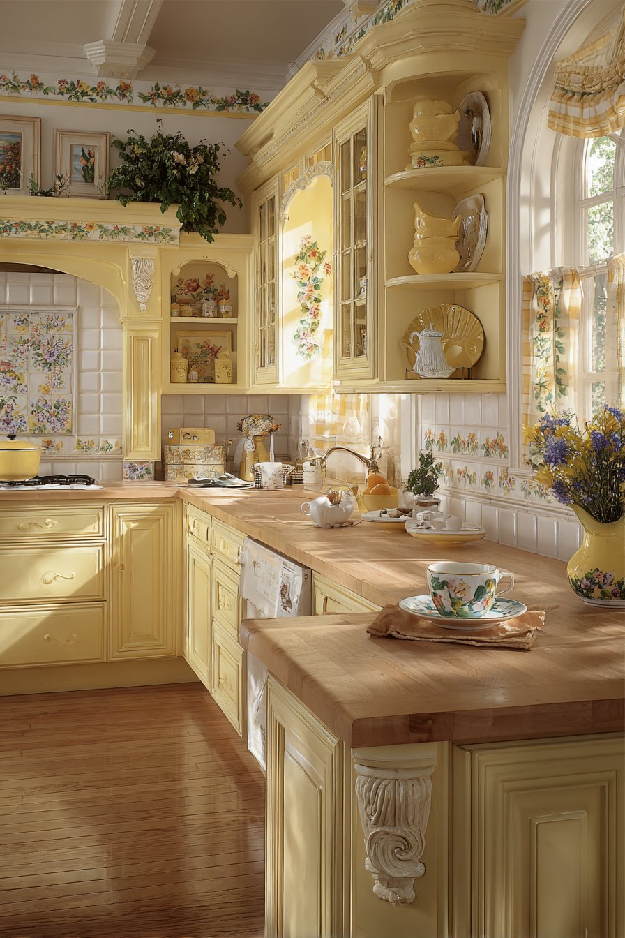 Cottage-Style Kitchen with Soft Daffodil Yellow Cabinets
