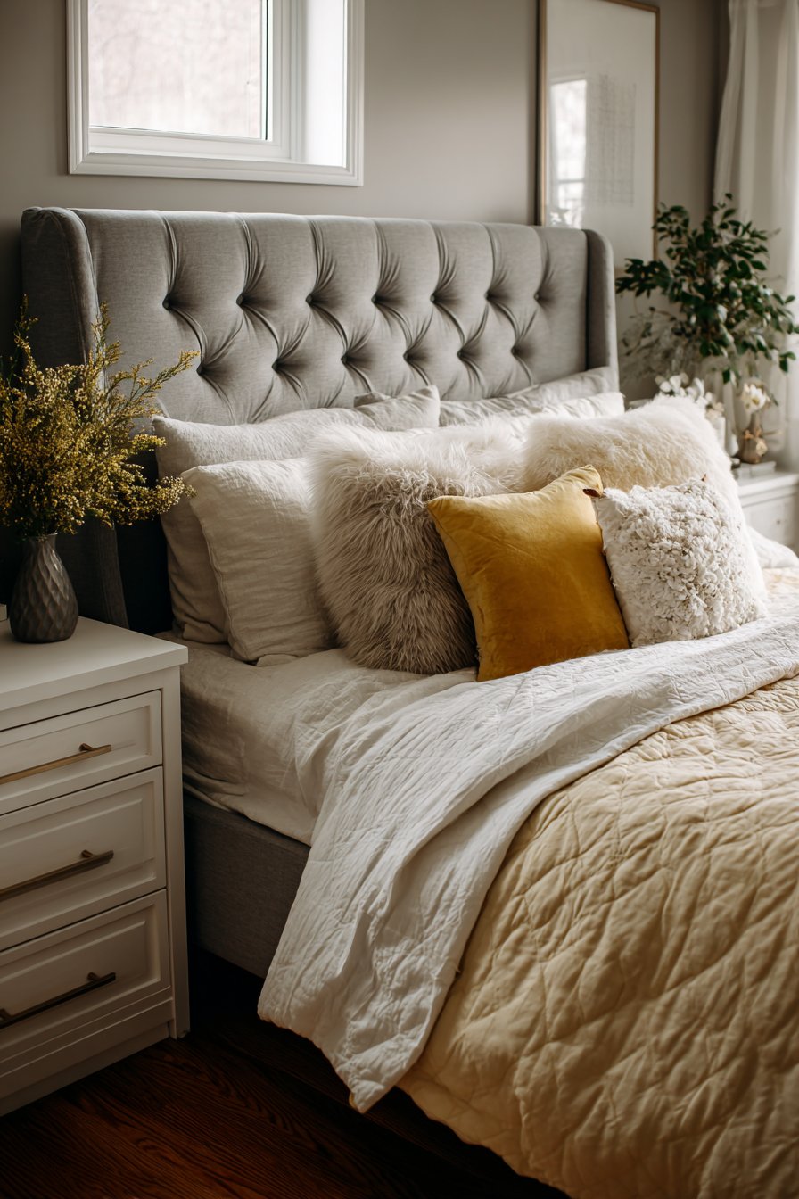 Serene Bed Arrangement with Layered Textiles