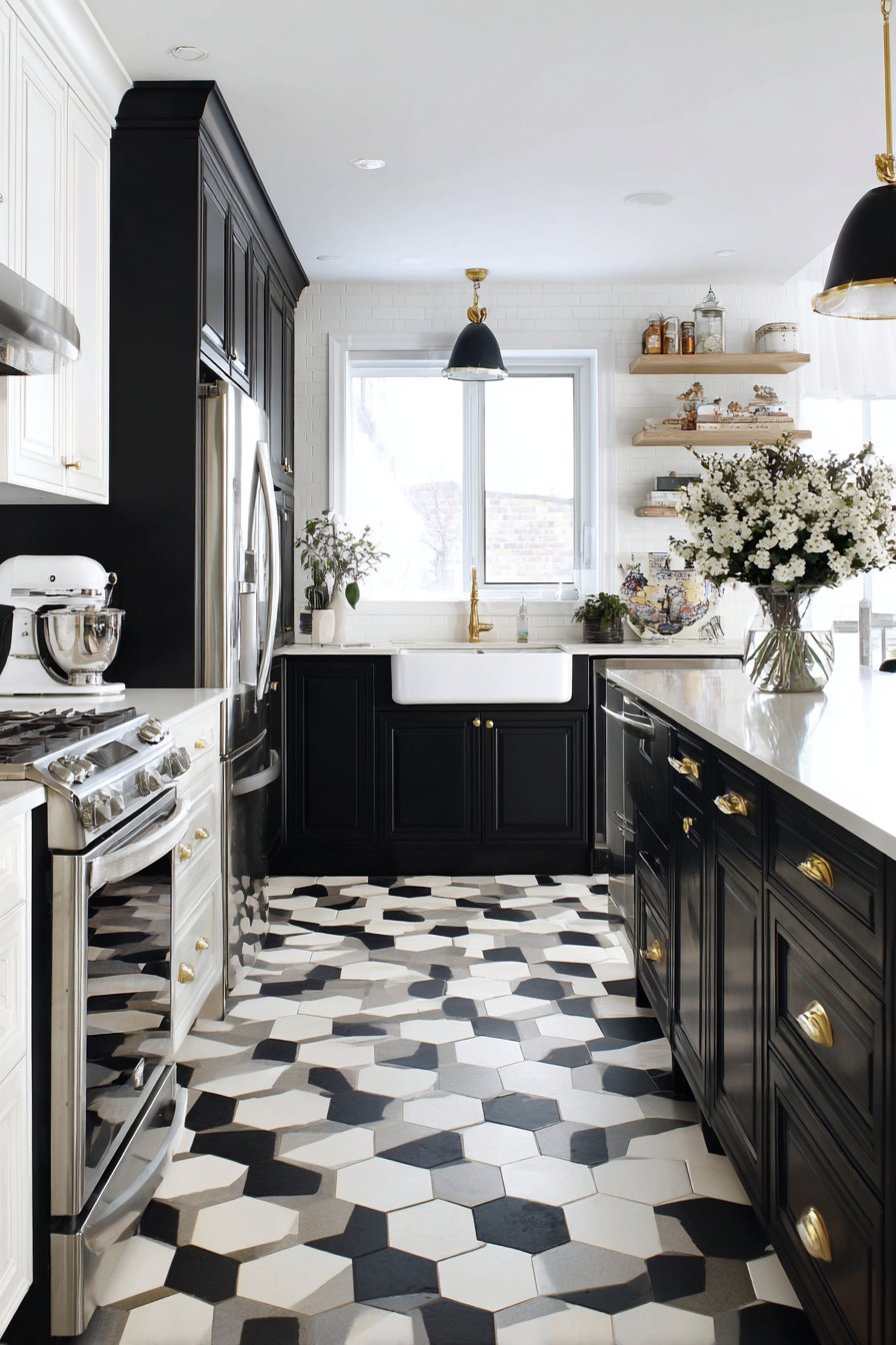 Bold Contrast Modern Kitchen with Black Accent Wall