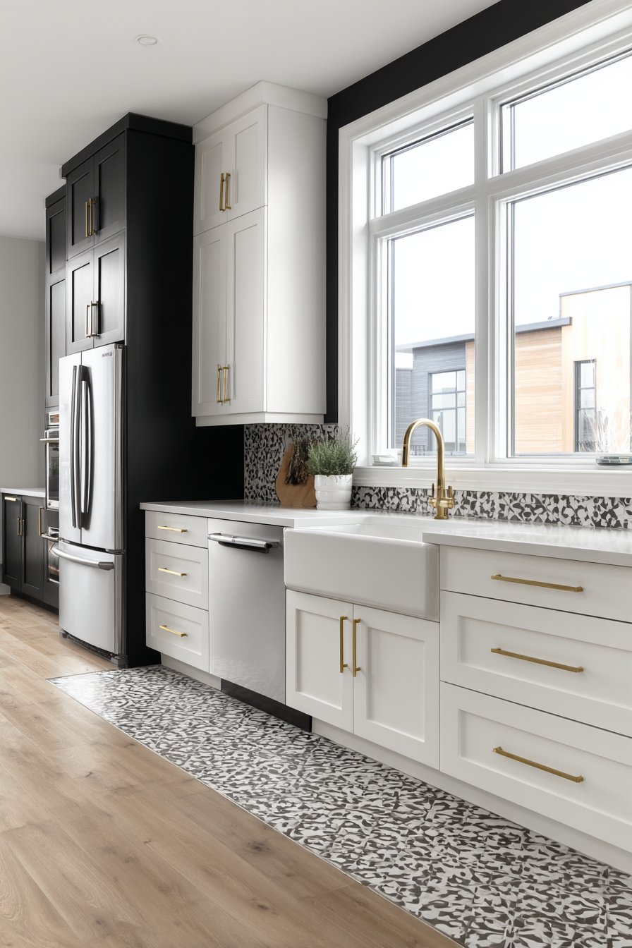 Bold Contrast Modern Kitchen with Black Accent Wall