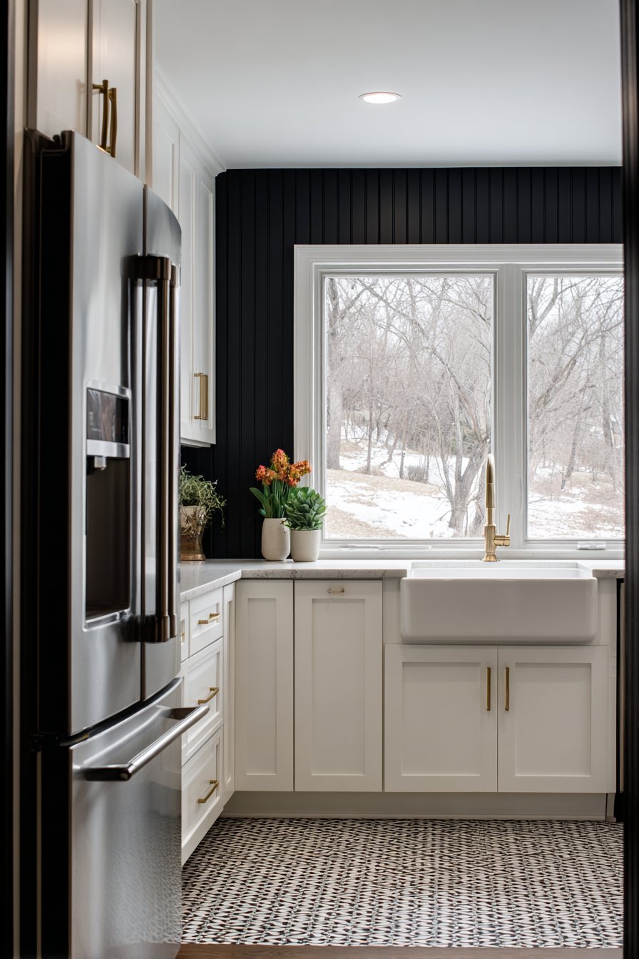 Bold Contrast Modern Kitchen with Black Accent Wall