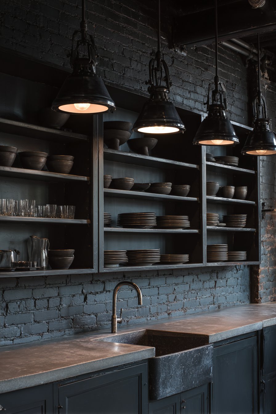 Industrial Exposed Brick with Glass Cabinet Doors