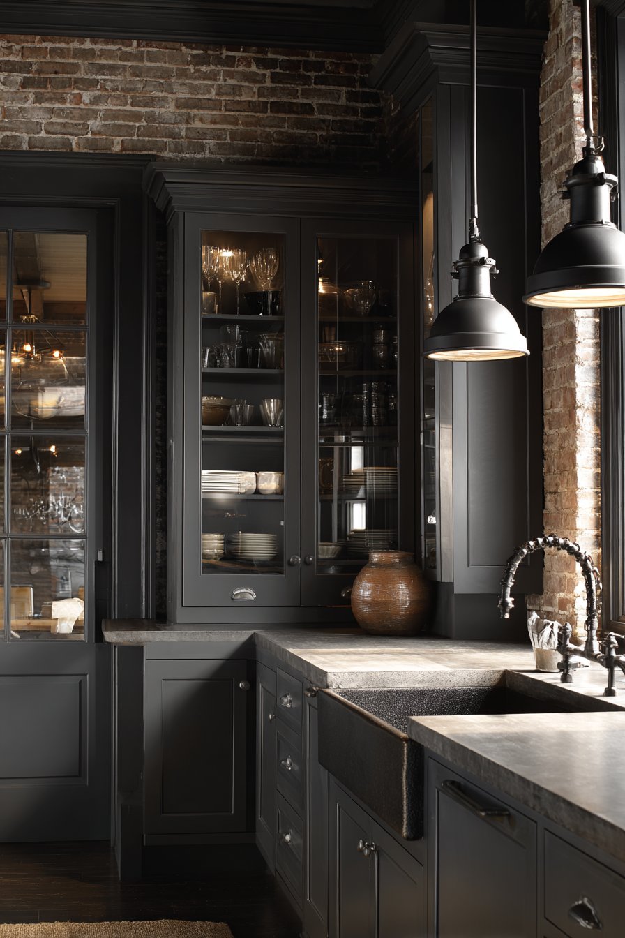 Industrial Exposed Brick with Glass Cabinet Doors
