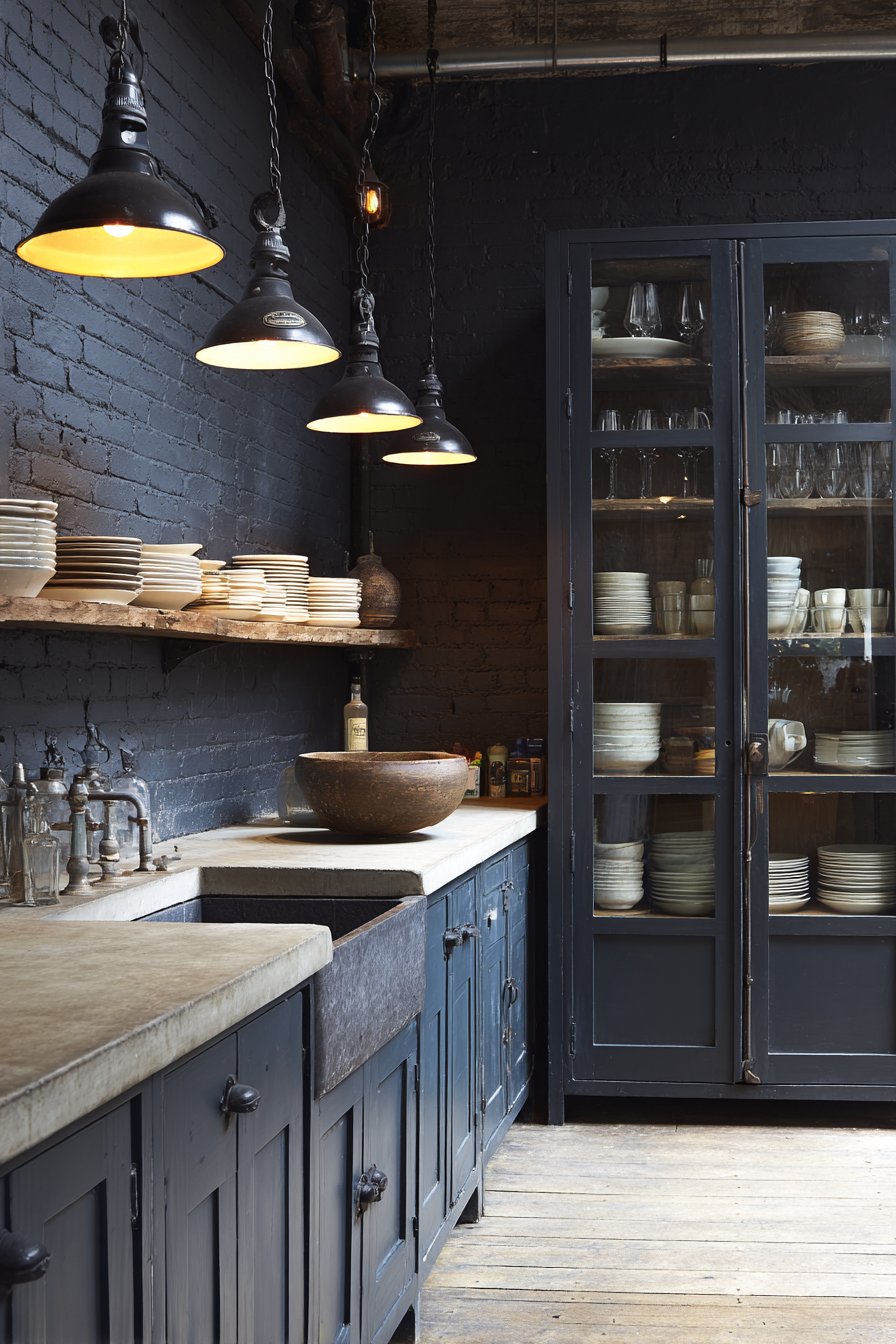 Industrial Exposed Brick with Glass Cabinet Doors