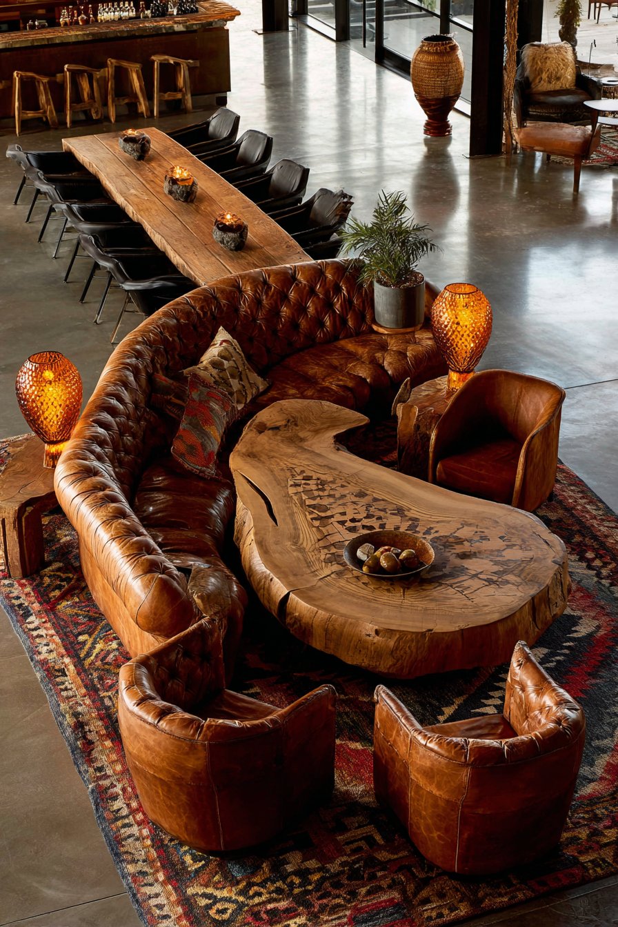 Conversation Circle with Leather and Live Edge Wood