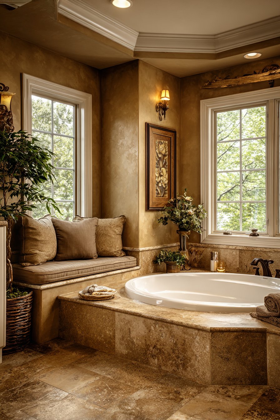 Cozy Corner Tub Bathroom with Earthy Textures