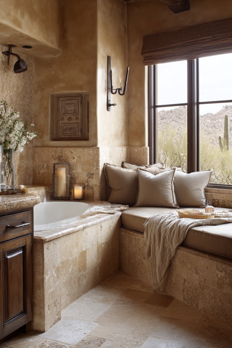 Cozy Corner Tub Bathroom with Earthy Textures