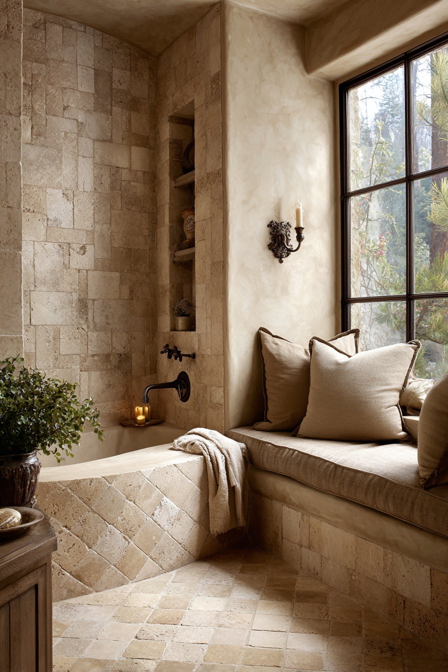 Cozy Corner Tub Bathroom with Earthy Textures