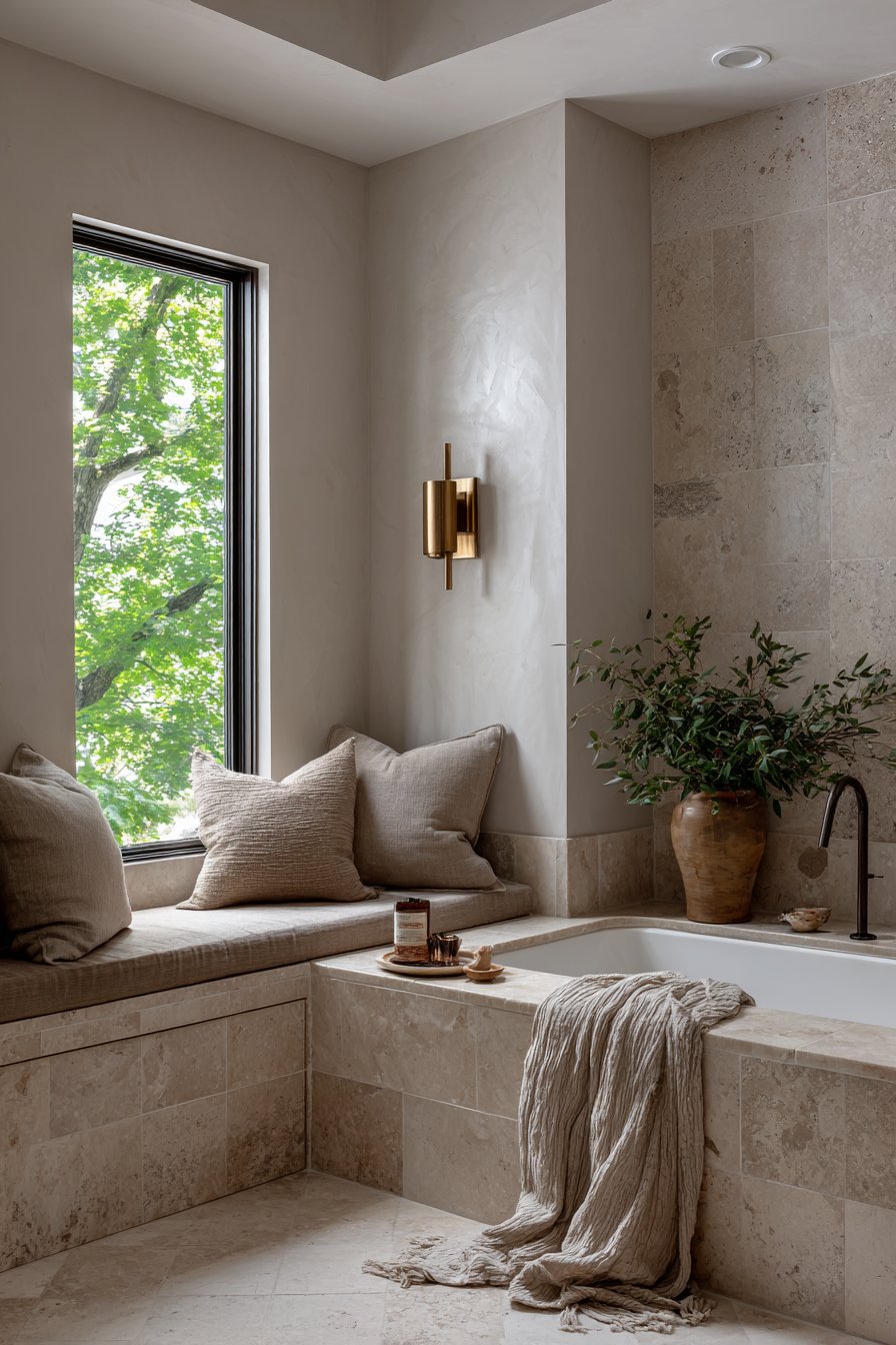 Cozy Corner Tub Bathroom with Earthy Textures