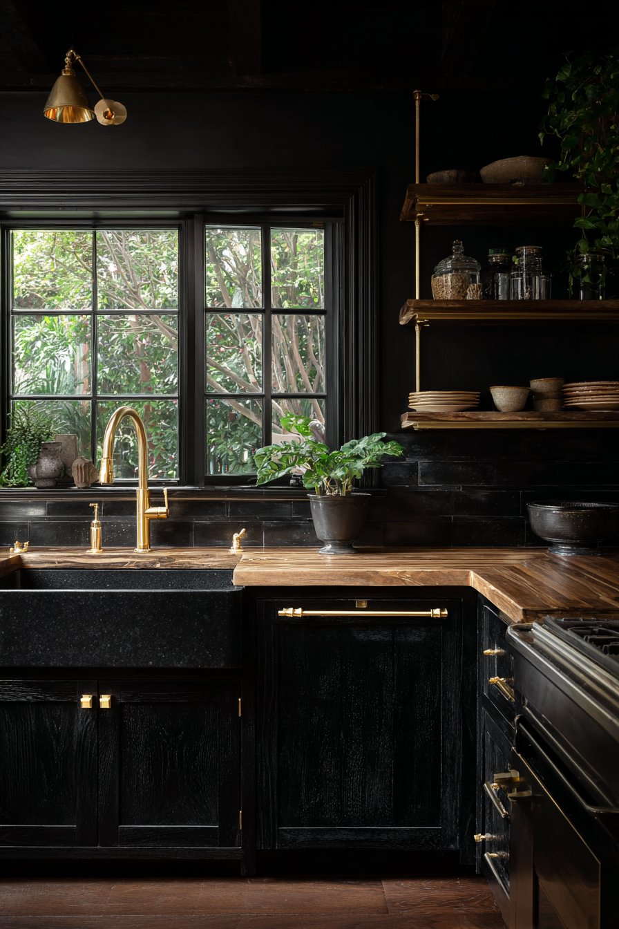 Elegant Sink Area with Black Farmhouse Basin and Gold Fixtures