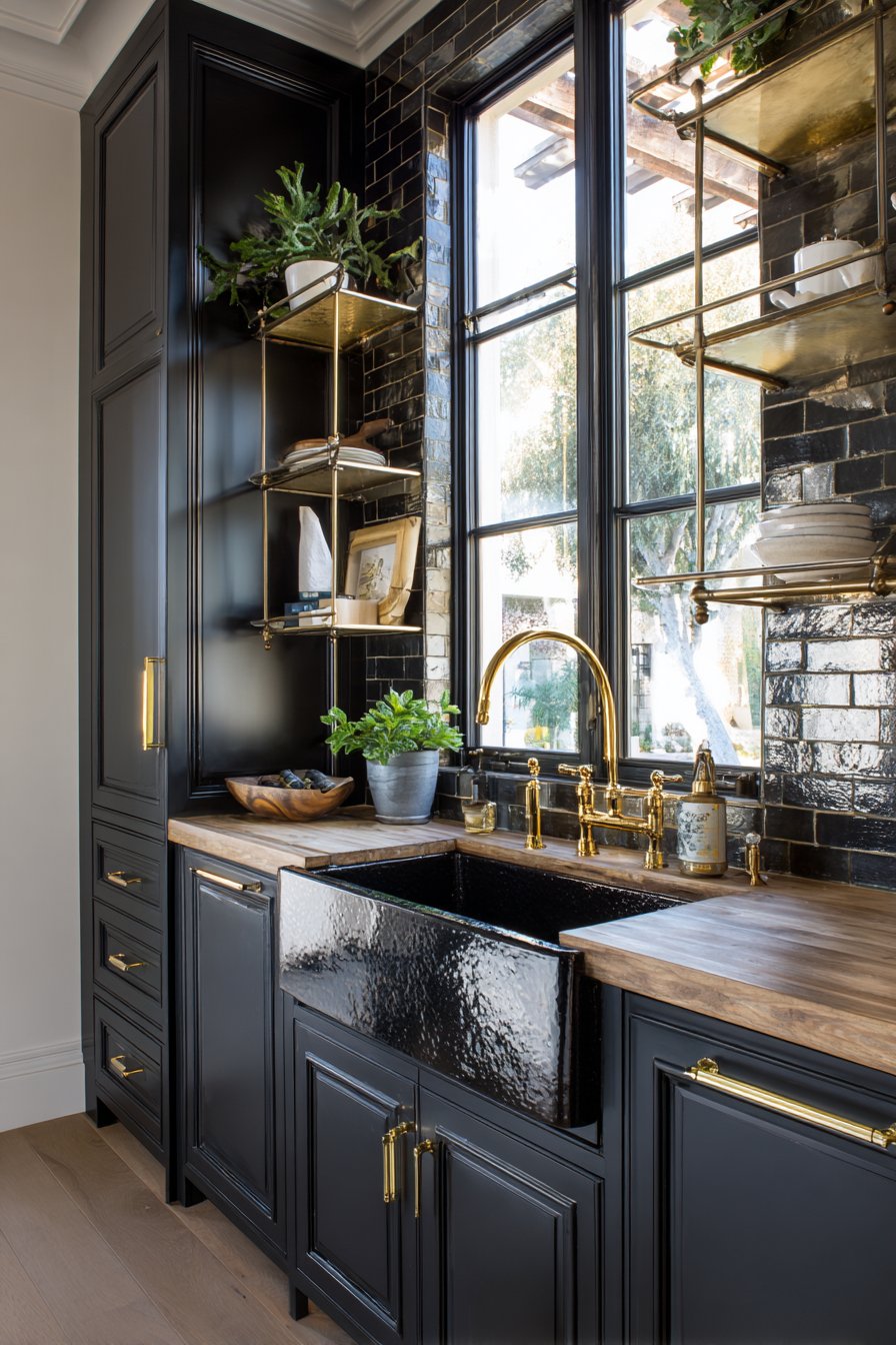 Elegant Sink Area with Black Farmhouse Basin and Gold Fixtures