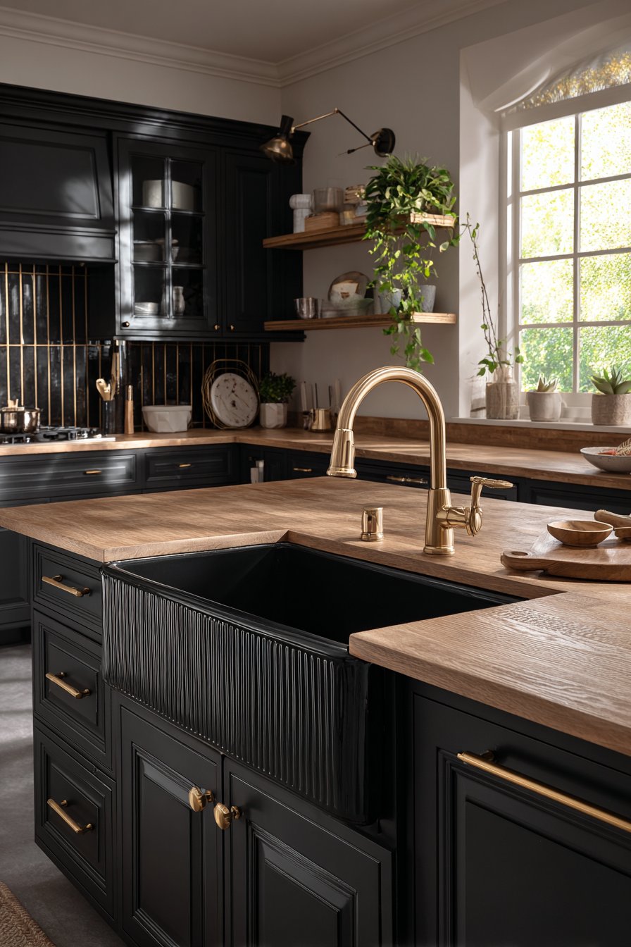 Elegant Sink Area with Black Farmhouse Basin and Gold Fixtures
