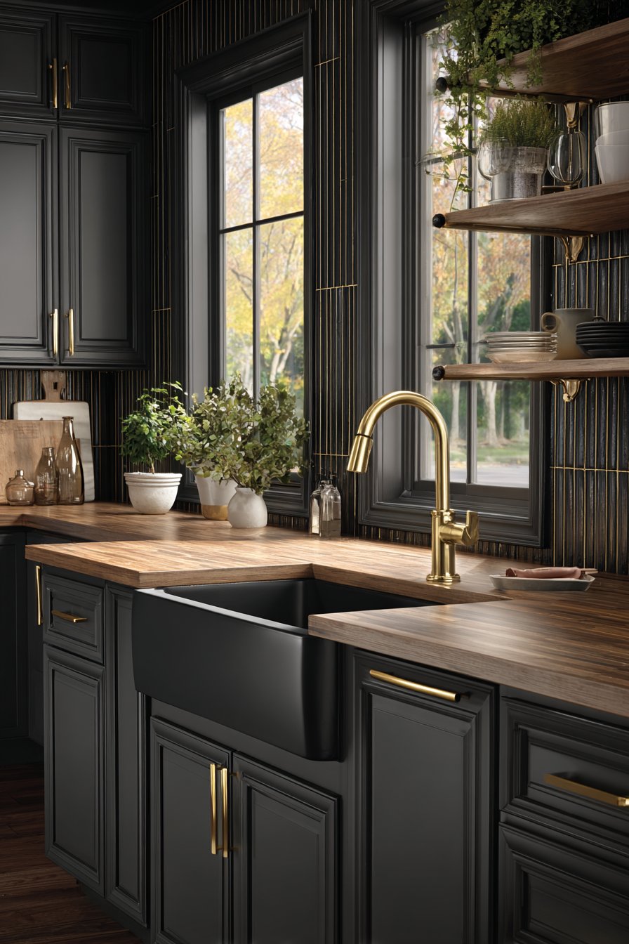 Elegant Sink Area with Black Farmhouse Basin and Gold Fixtures